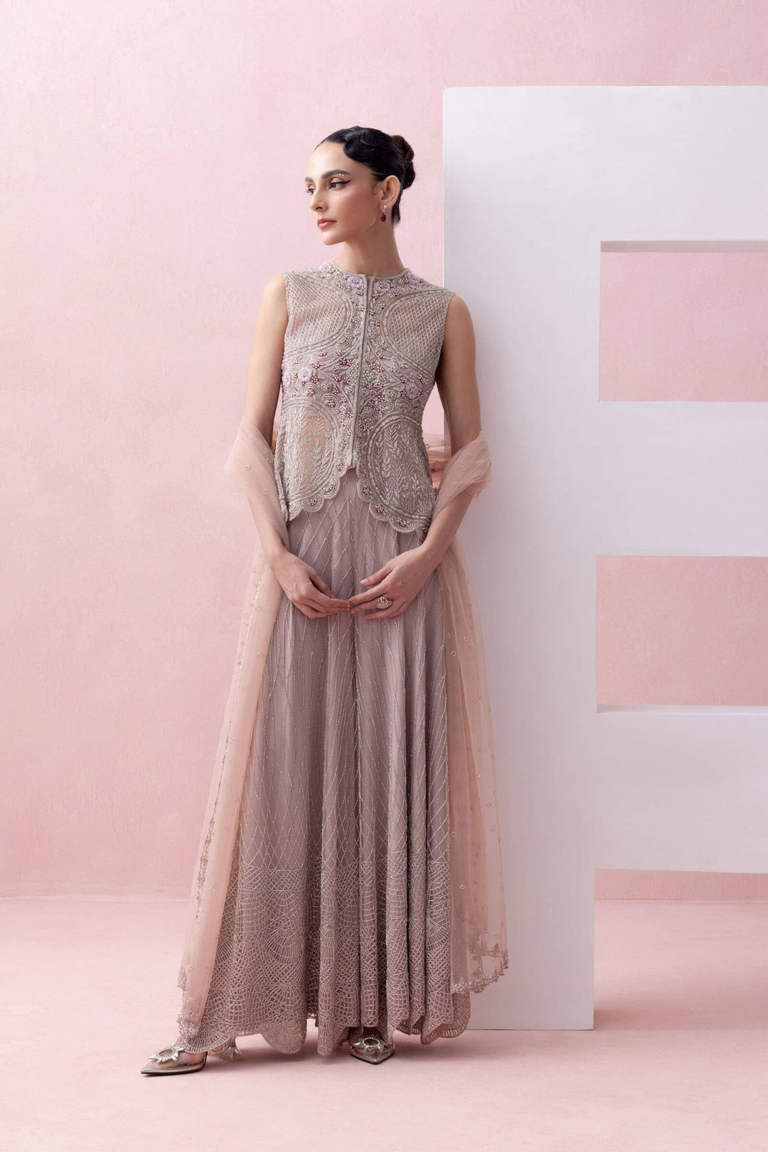 Blush Pink Scalloped Jacket With Grid Work Sharara And Tulle Dupatta Esha Sethi Thirani Blush Pink Scalloped Jacket With Grid Work Sharara And Tulle Dupatta Esha Sethi Thirani