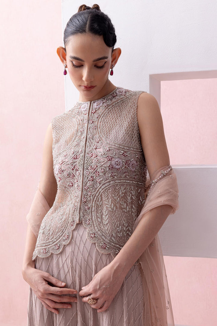 Blush Pink Scalloped Jacket With Grid Work Sharara And Tulle Dupatta