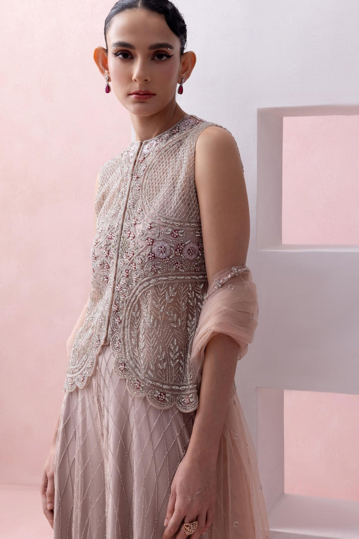 Blush Pink Scalloped Jacket With Grid Work Sharara And Tulle Dupatta
