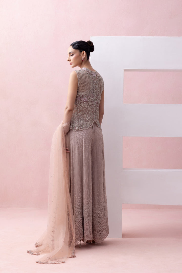 Blush Pink Scalloped Jacket With Grid Work Sharara And Tulle Dupatta