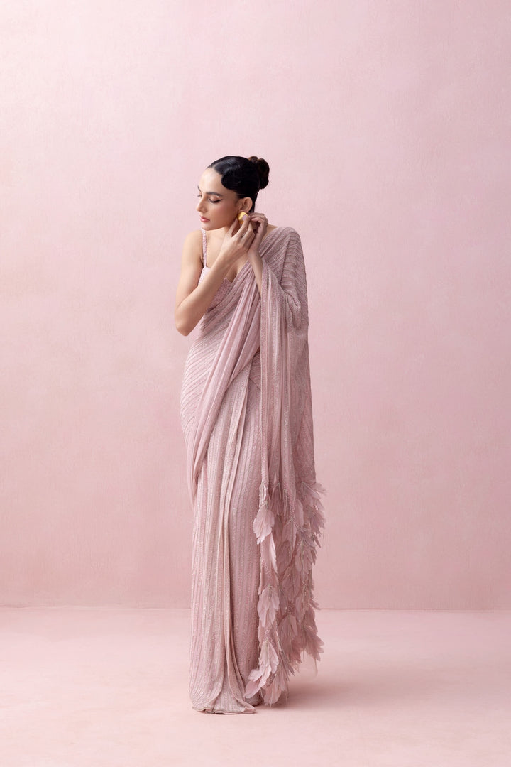 Pink Pre-stitched Sworowski Saree With Feather Aanchal And Embroidered Corset