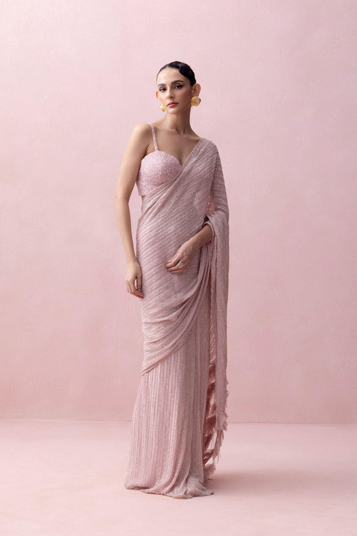 Pink Pre-stitched Sworowski Saree With Feather Aanchal And Embroidered Corset