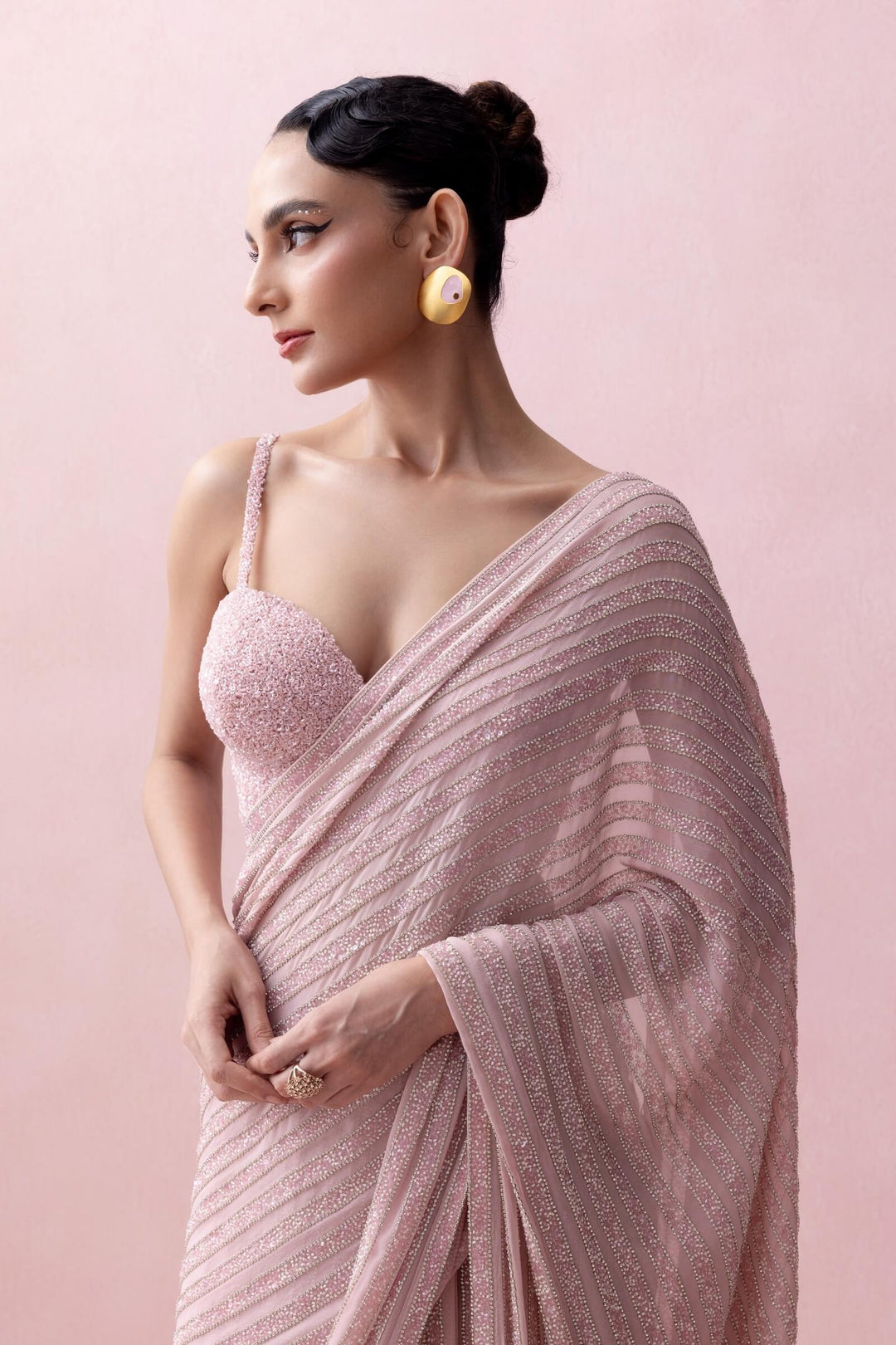 Pink Pre-stitched Sworowski Saree With Feather Aanchal And Embroidered Corset