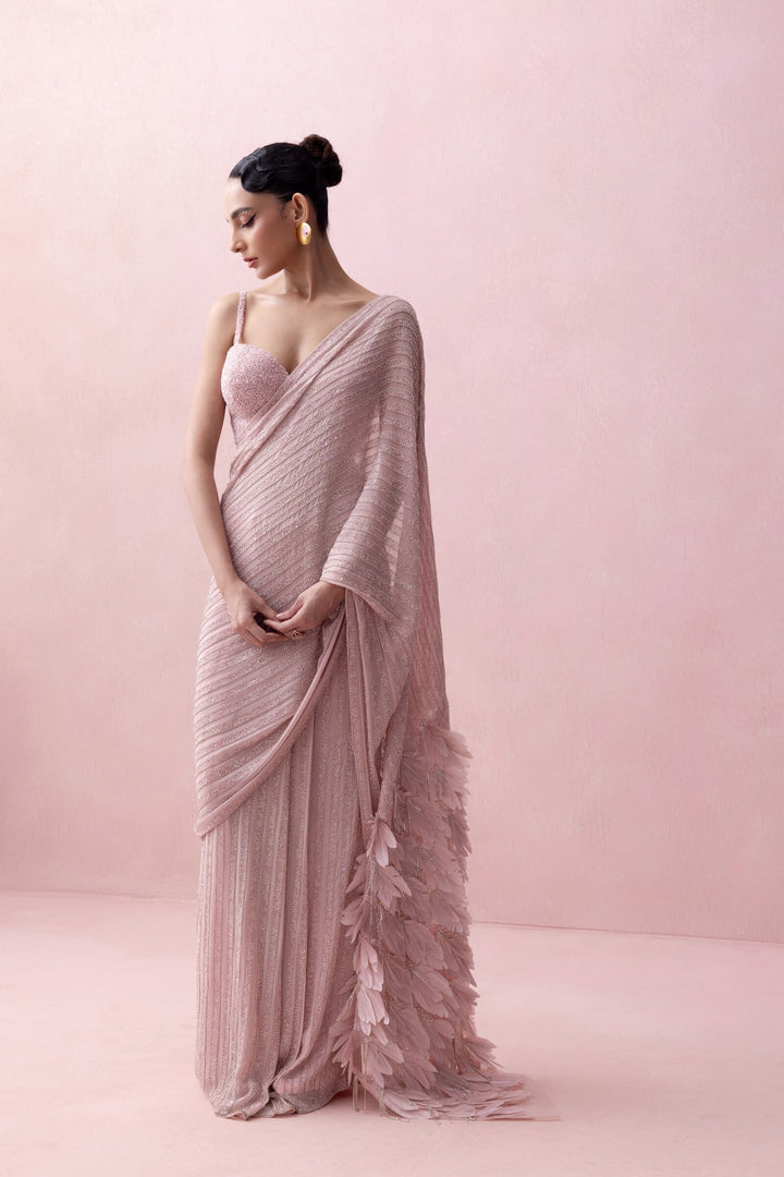Pink Pre-stitched Sworowski Saree With Feather Aanchal And Embroidered Corset