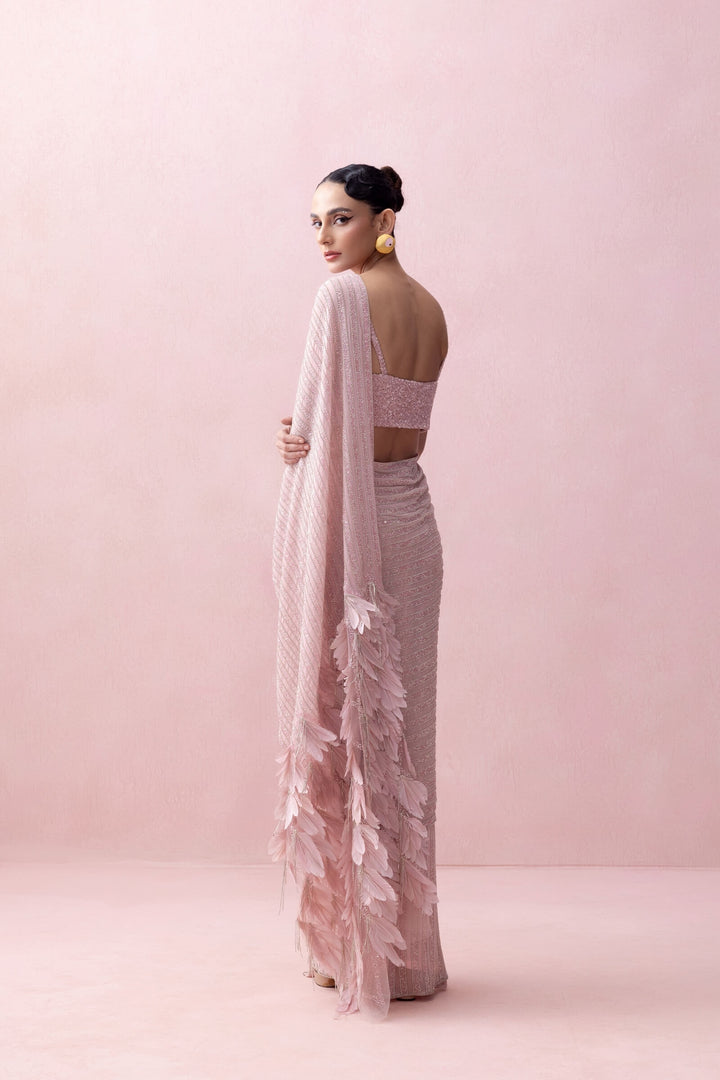 Pink Pre-stitched Sworowski Saree With Feather Aanchal And Embroidered Corset
