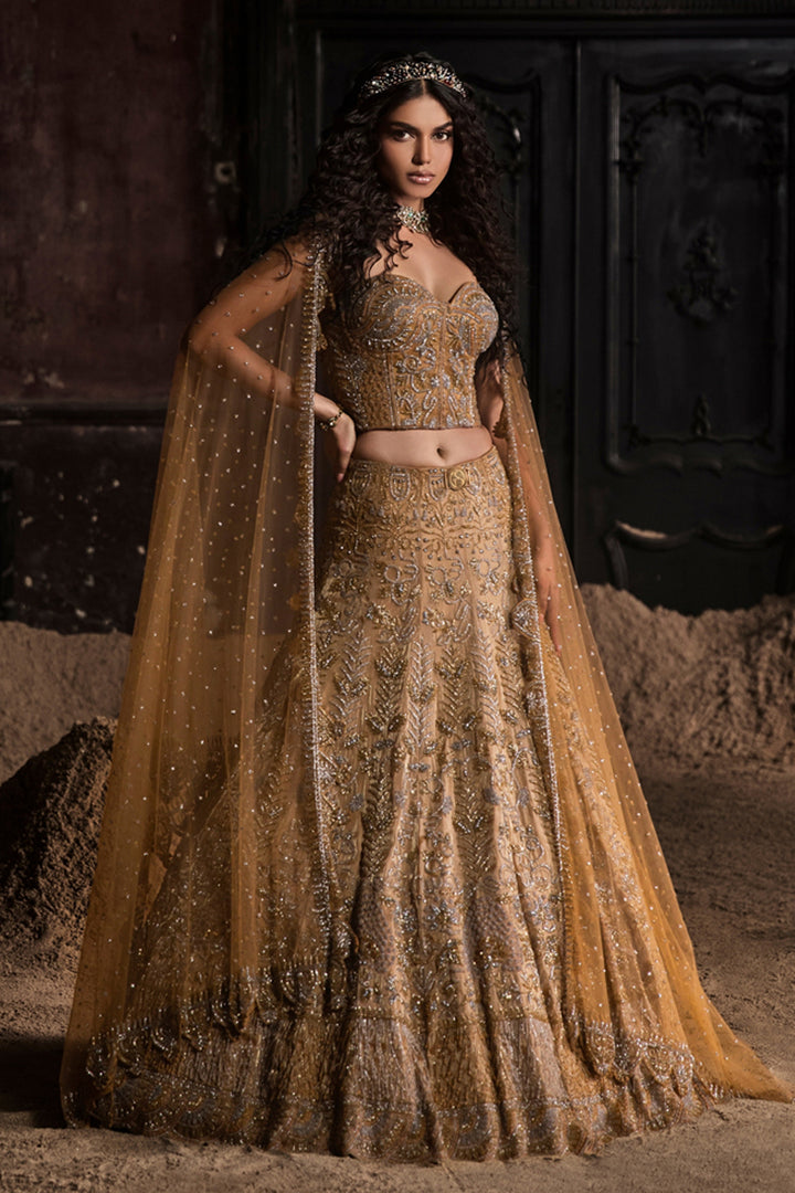 Gold Organza Lehenga With Corset And Dupatta