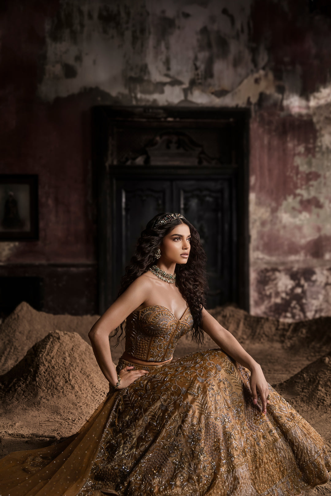 Gold Organza Lehenga With Corset And Dupatta