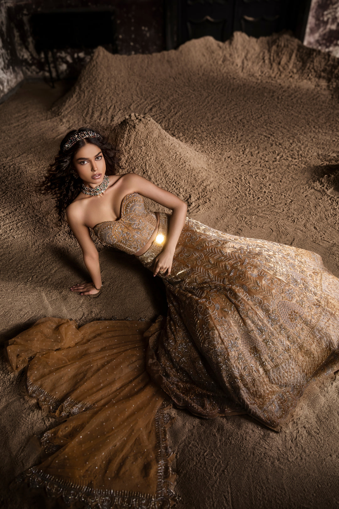 Gold Organza Lehenga With Corset And Dupatta