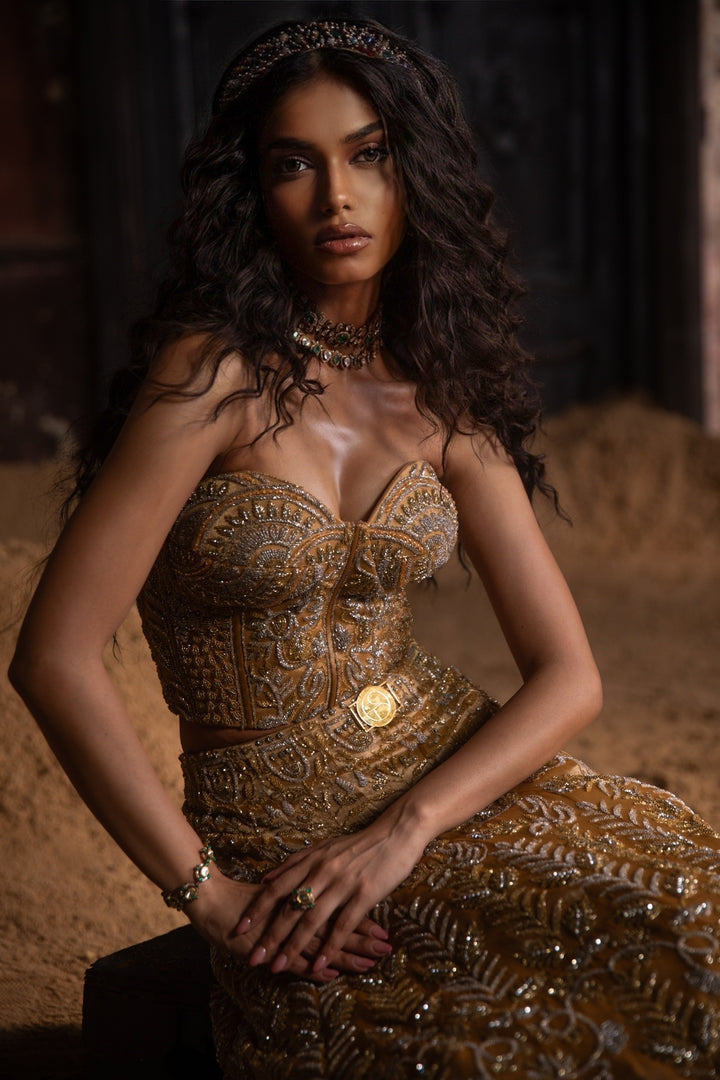 Gold Organza Lehenga With Corset And Dupatta