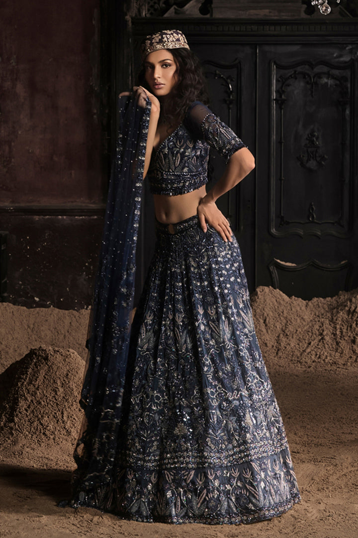 Navy Blue Organza Lehenga With Threadwork Blouse And Dupatta