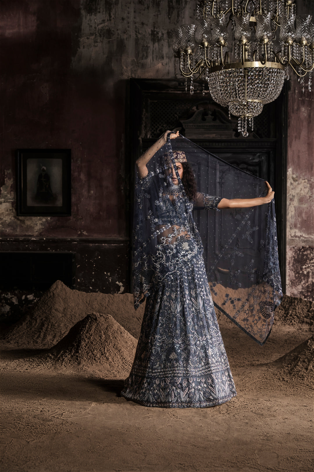 Navy Blue Organza Lehenga With Threadwork Blouse And Dupatta
