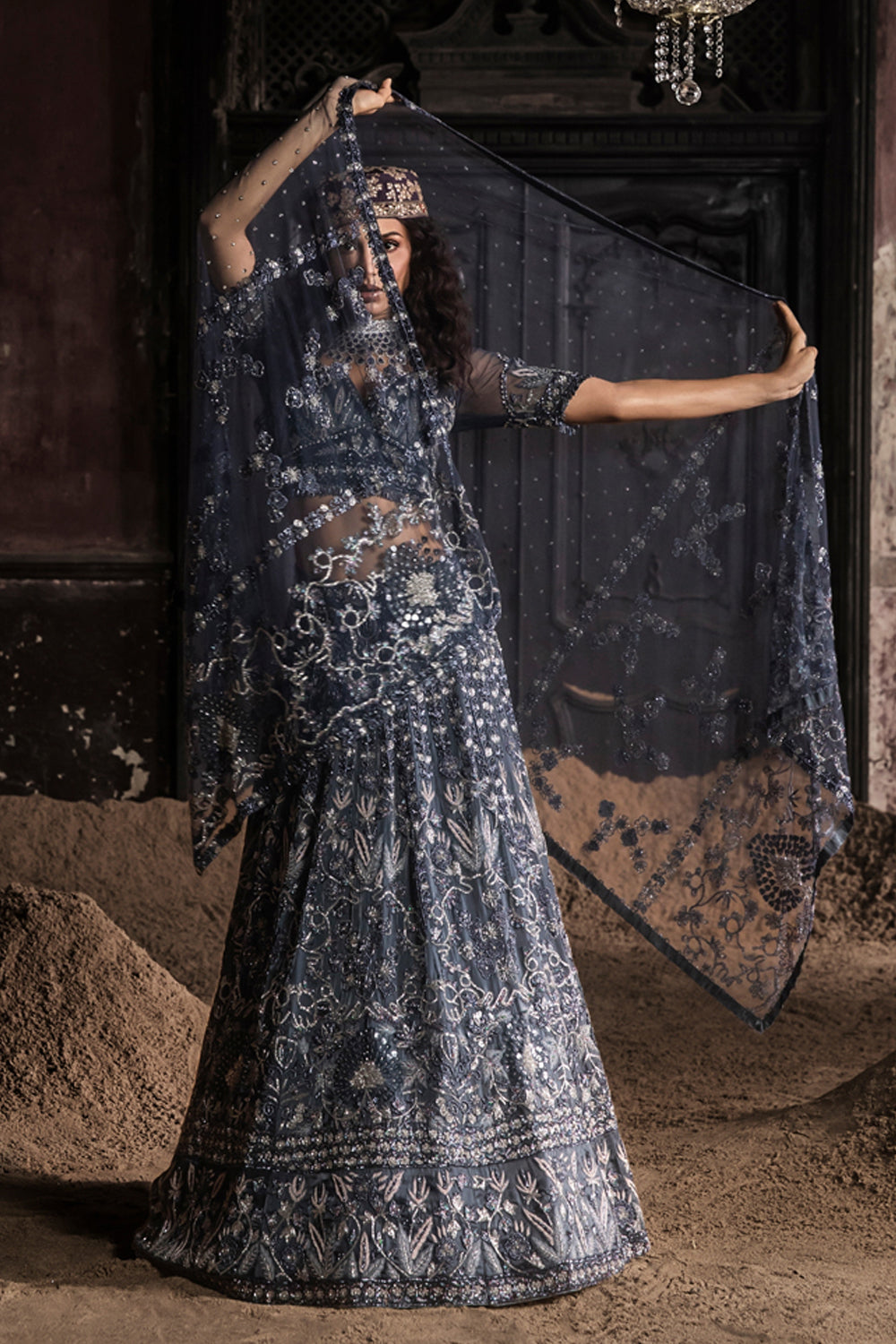 Navy Blue Organza Lehenga With Threadwork Blouse And Dupatta