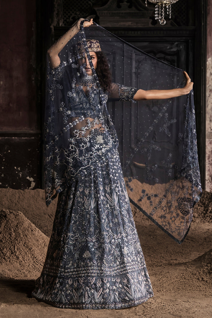 Navy Blue Organza Lehenga With Threadwork Blouse And Dupatta