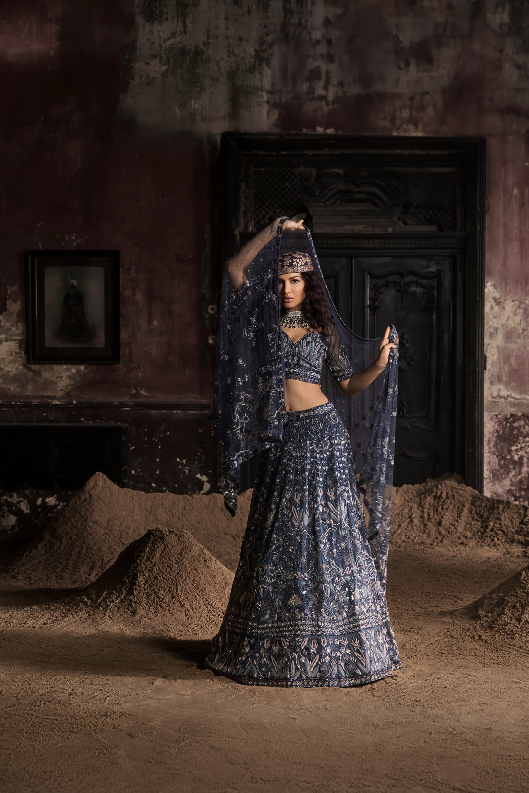 Navy Blue Organza Lehenga With Threadwork Blouse And Dupatta