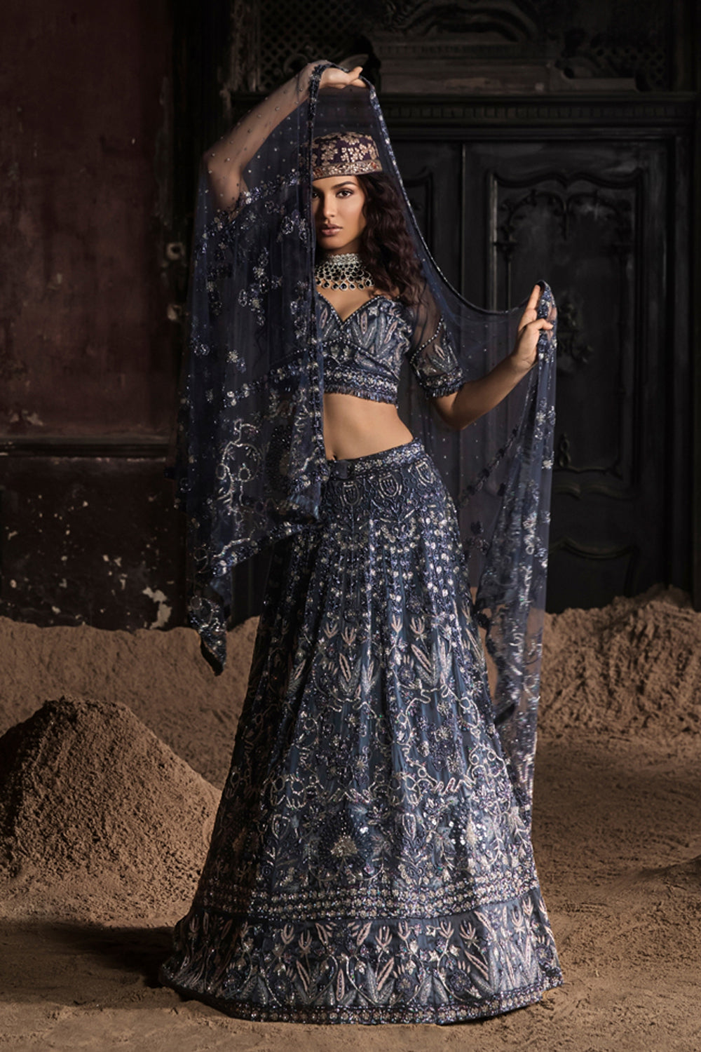 Navy Blue Organza Lehenga With Threadwork Blouse And Dupatta