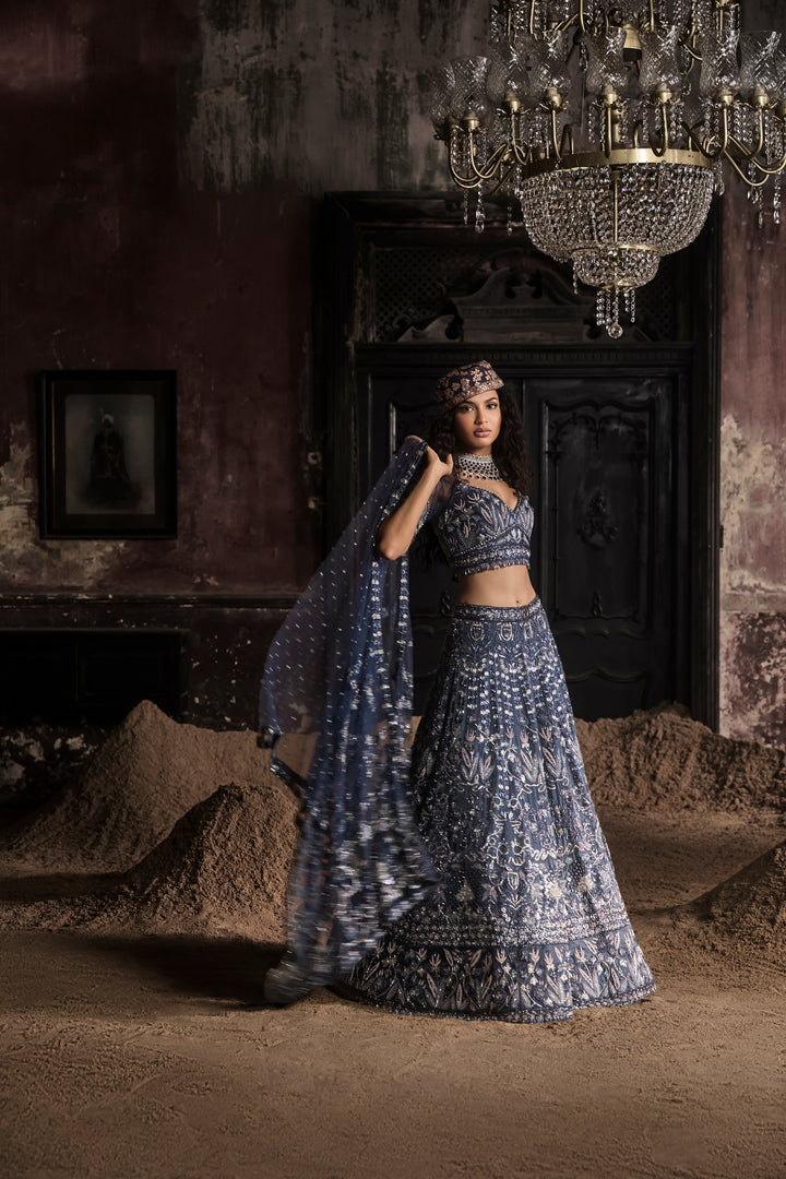 Navy Blue Organza Lehenga With Threadwork Blouse And Dupatta