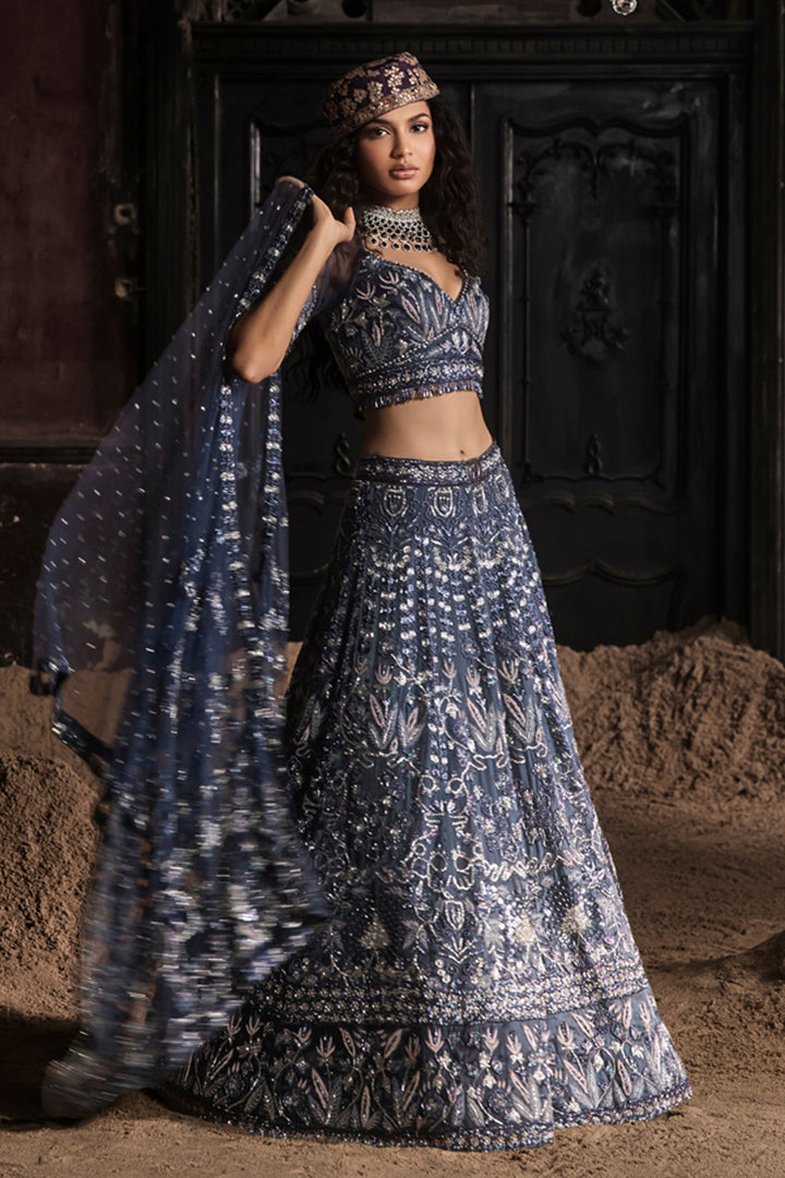 Navy Blue Organza Lehenga With Threadwork Blouse And Dupatta