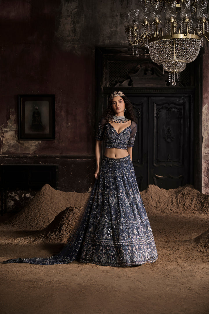 Navy Blue Organza Lehenga With Threadwork Blouse And Dupatta