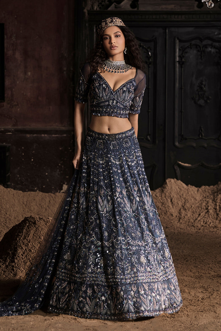 Navy Blue Organza Lehenga With Threadwork Blouse And Dupatta