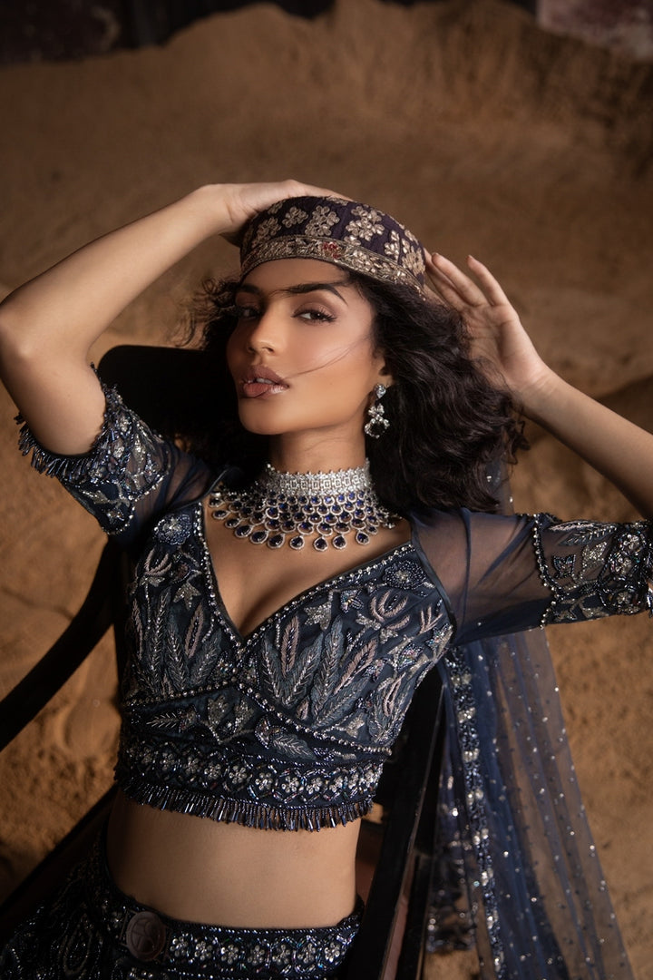 Navy Blue Organza Lehenga With Threadwork Blouse And Dupatta