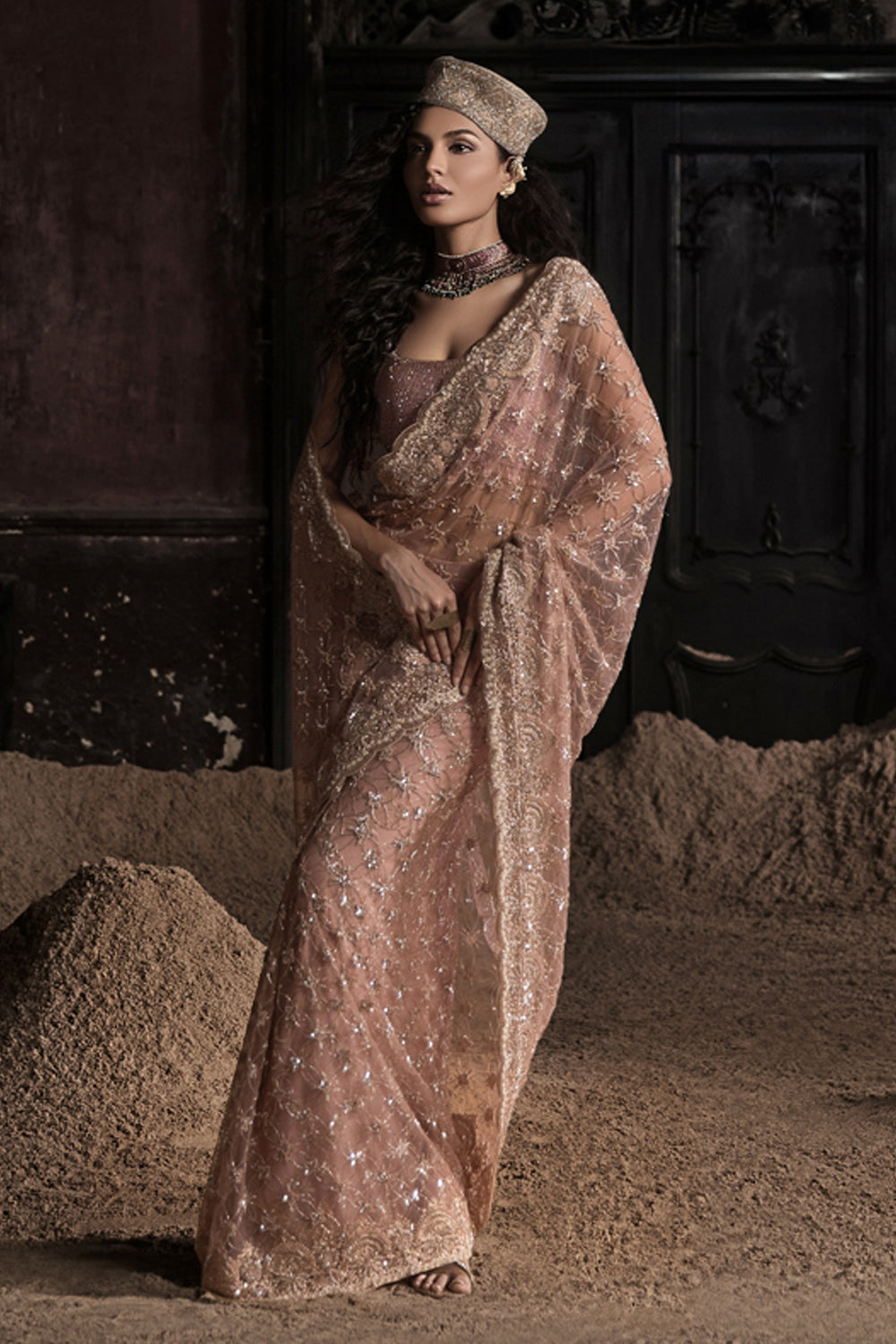 Peach Tulle Saree With Crystal Embellished Blouse (Pre-stitched)