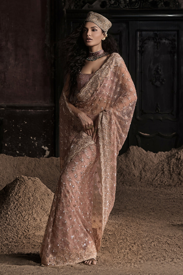 Peach Tulle Saree With Crystal Embellished Blouse (Pre-stitched)