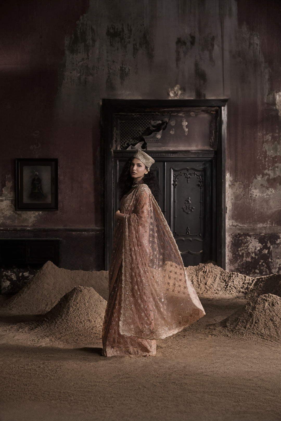 Peach Pre-stitched Tulle Saree With Crystal Embellished Blouse
