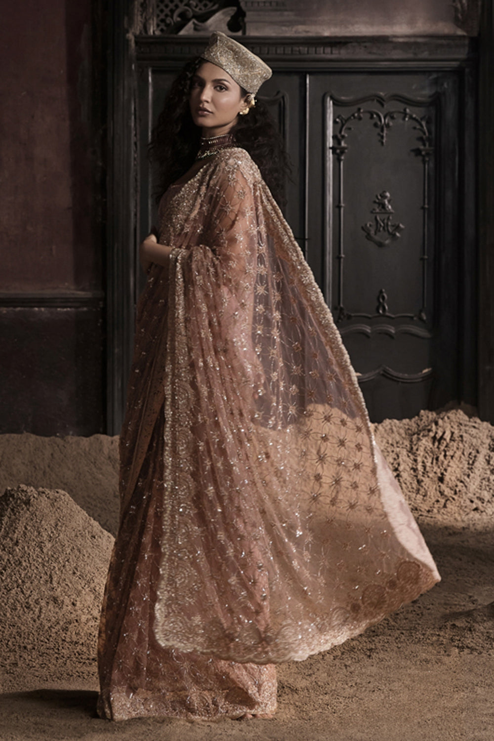 Peach Tulle Saree With Crystal Embellished Blouse (Pre-stitched)