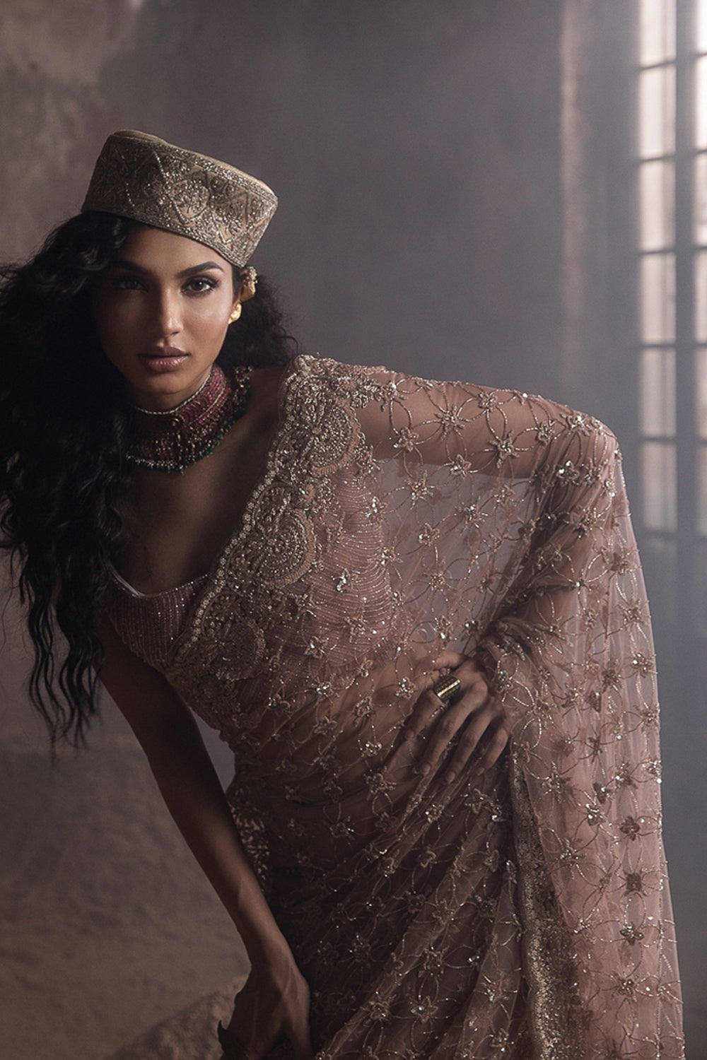 Peach Tulle Saree With Crystal Embellished Blouse (Pre-stitched)