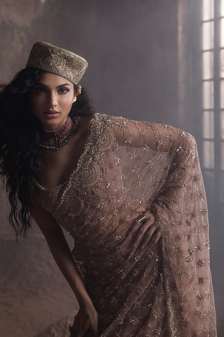 Peach Tulle Saree With Crystal Embellished Blouse (Pre-stitched)