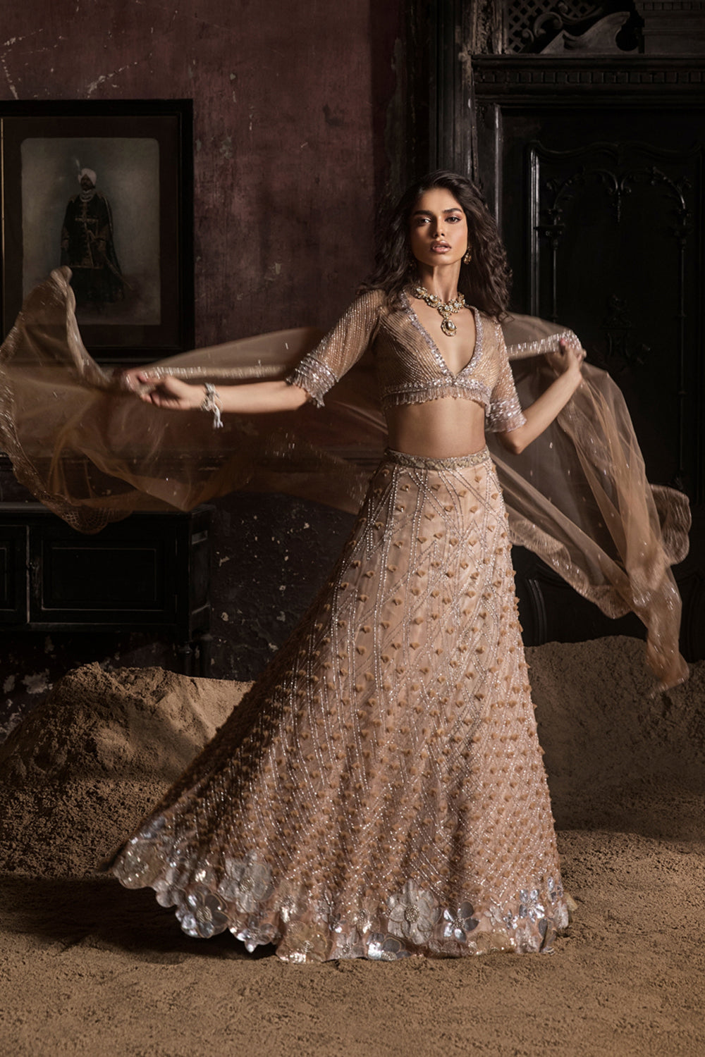 Nude 3d Petal Organza Lehenga With Hand Embroidered Blouse And Dupatta