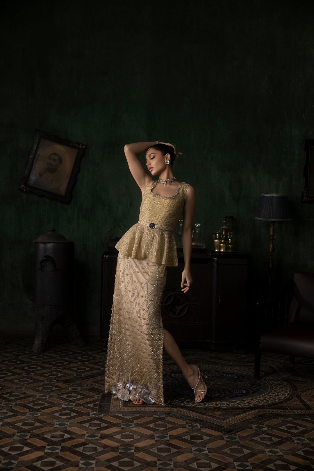 Sea Green Organza Peplum With 3 D Petal Slit Skirt