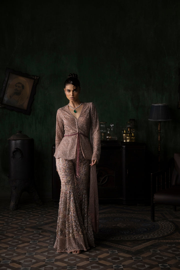Burnt Pink Peplum Jacket With 3d Flower Sharara And Armhole Dupatta