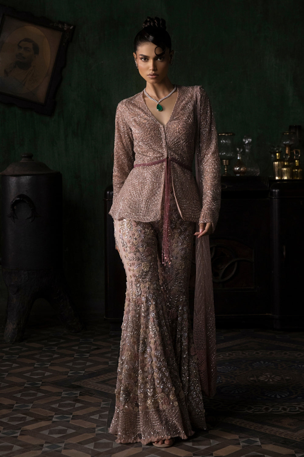 Burnt Pink Peplum Jacket With 3d Flower Sharara And Armhole Dupatta