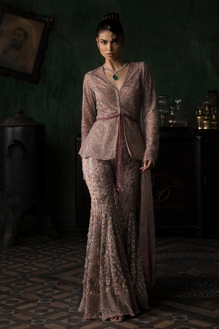 Burnt Pink Peplum Jacket With 3d Flower Sharara And Armhole Dupatta