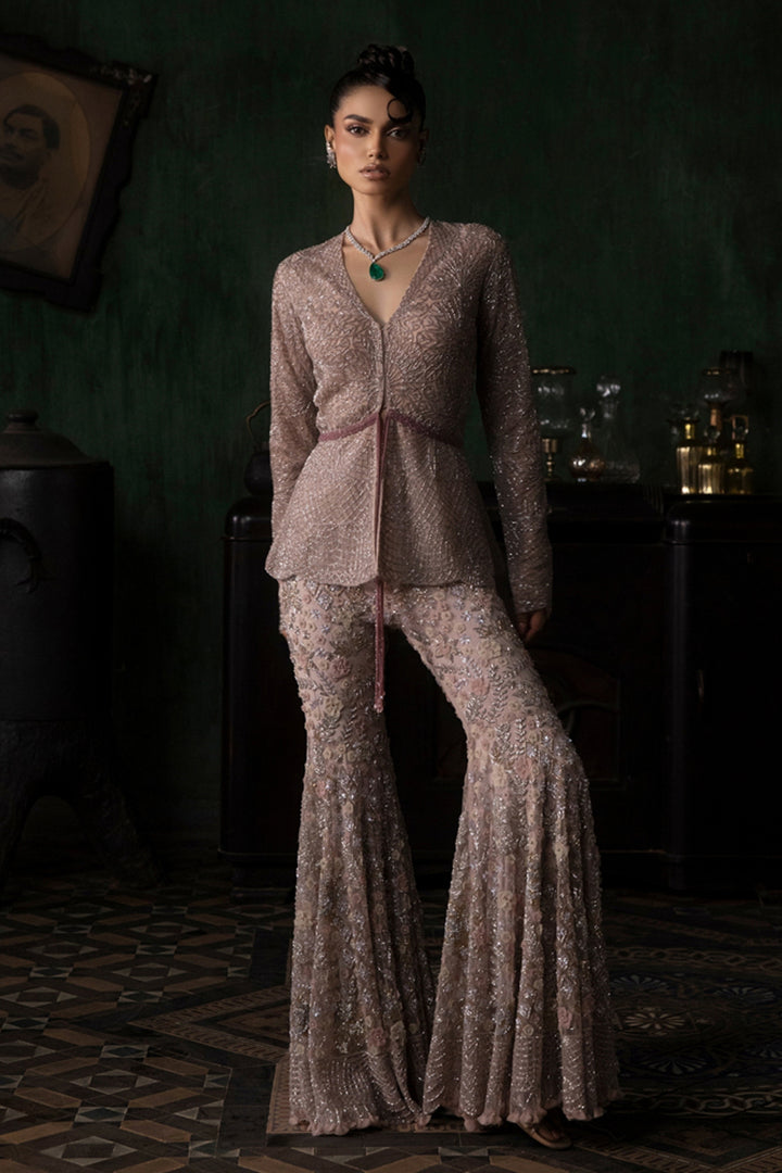 Burnt Pink Peplum Jacket With 3d Flower Sharara And Armhole Dupatta
