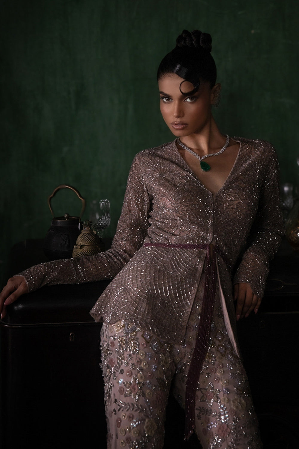 Burnt Pink Peplum Jacket With 3d Flower Sharara And Armhole Dupatta