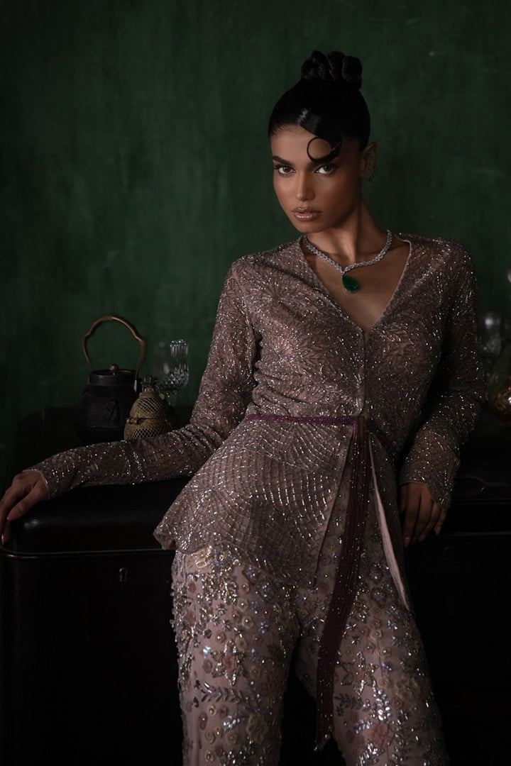 Burnt Pink Peplum Jacket With 3d Flower Sharara And Armhole Dupatta