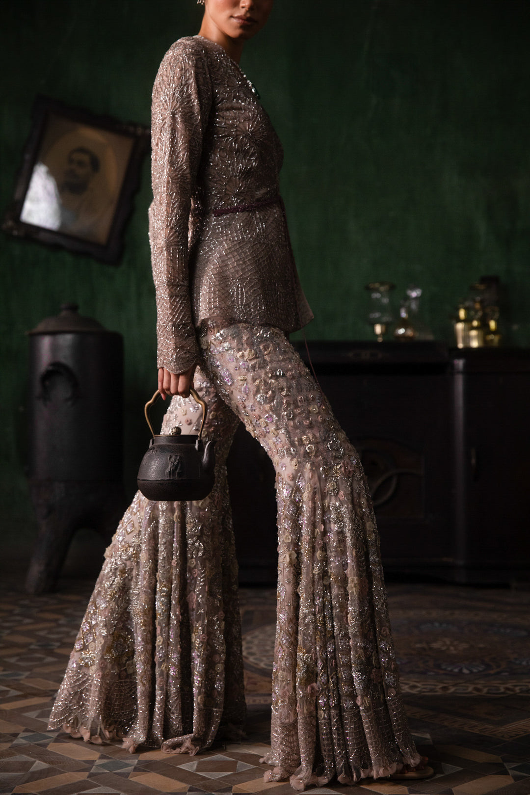 Burnt Pink Peplum Jacket With 3d Flower Sharara And Armhole Dupatta