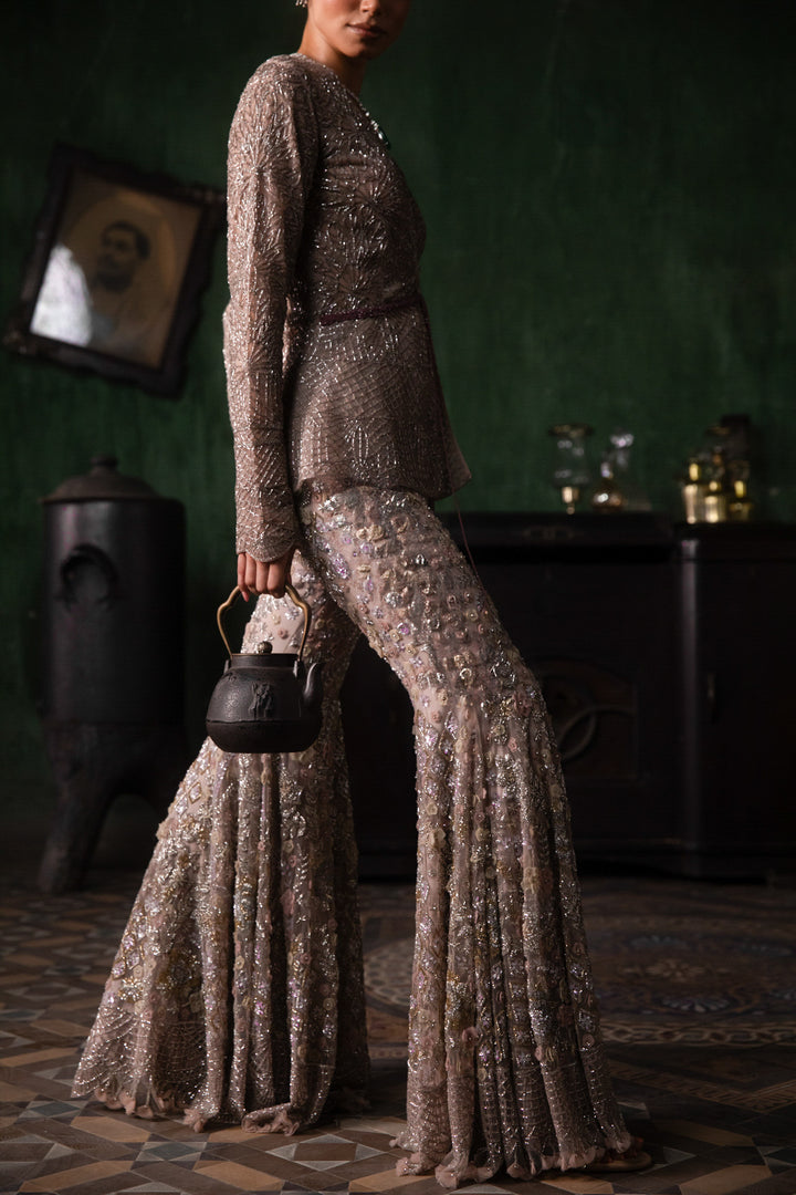 Burnt Pink Peplum Jacket With 3d Flower Sharara And Armhole Dupatta