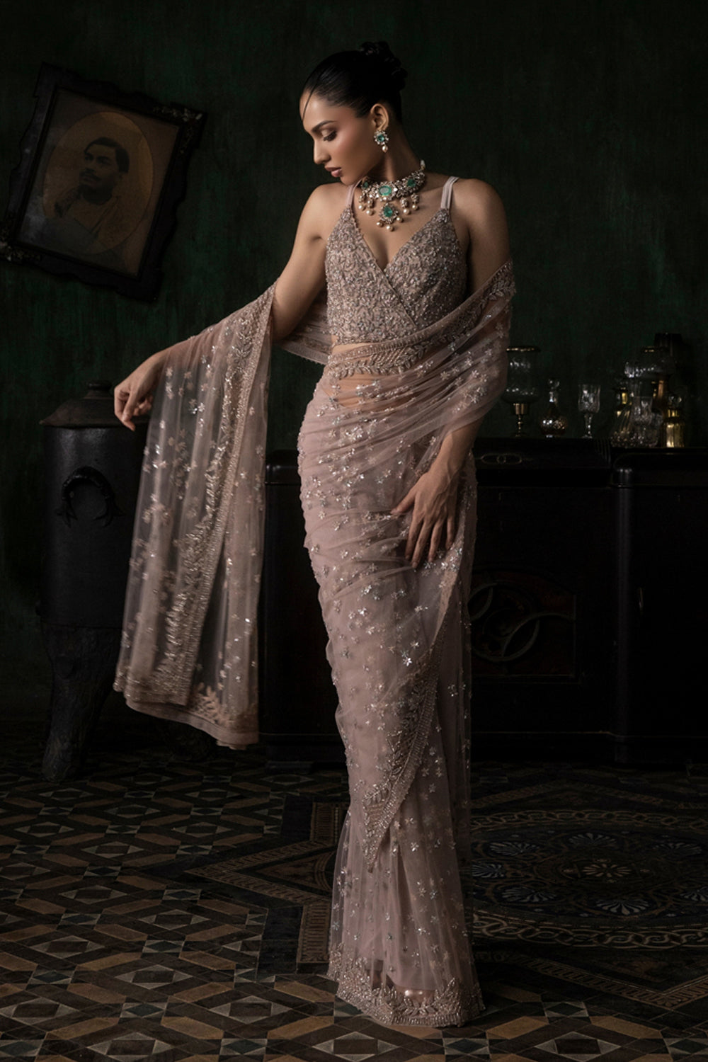 Pale Pink Tulle Saree With Tie Up Blouse (Pre-stitched)