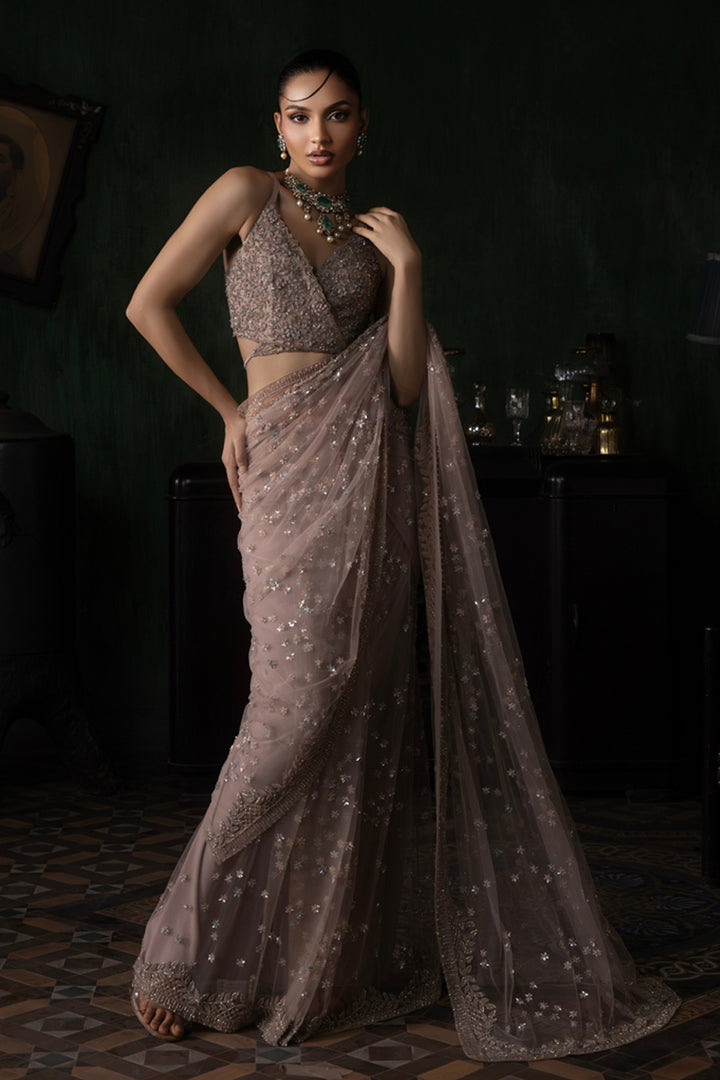 Pale Pink Tulle Saree With Tie Up Blouse (Pre-stitched)