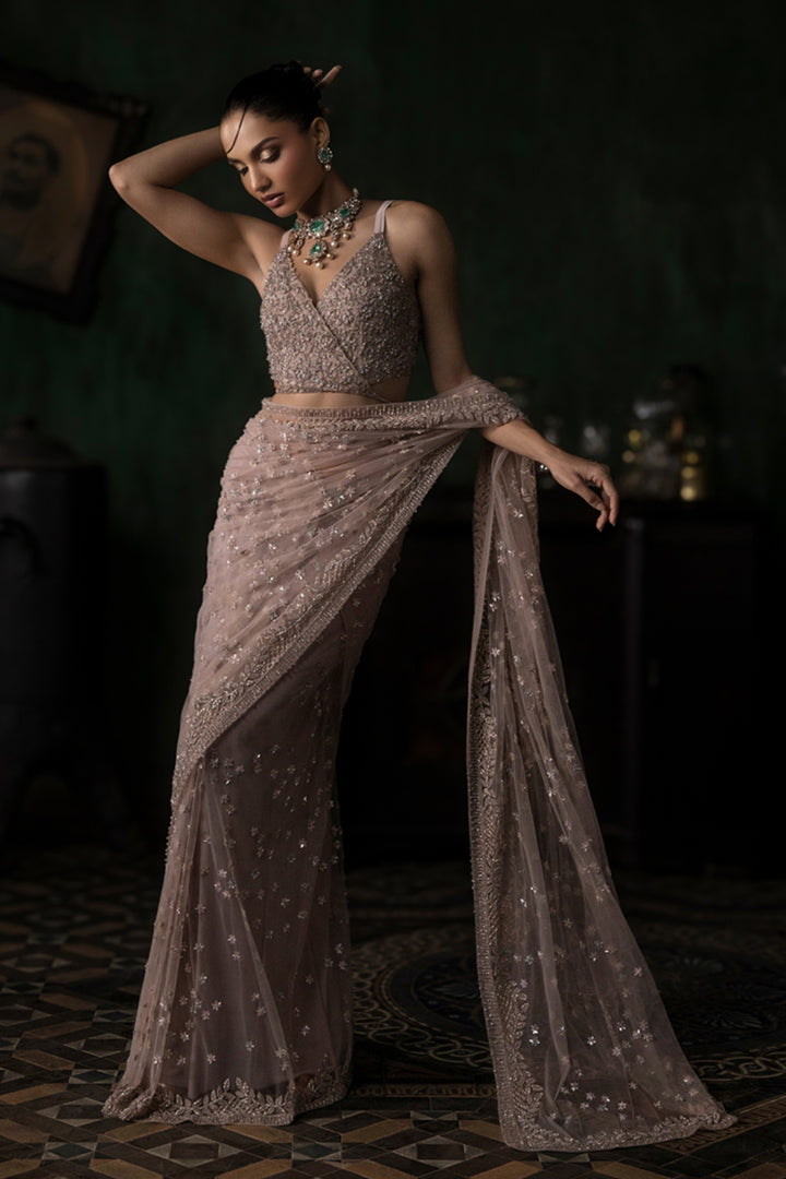 Pale Pink Tulle Saree With Tie Up Blouse (Pre-stitched)