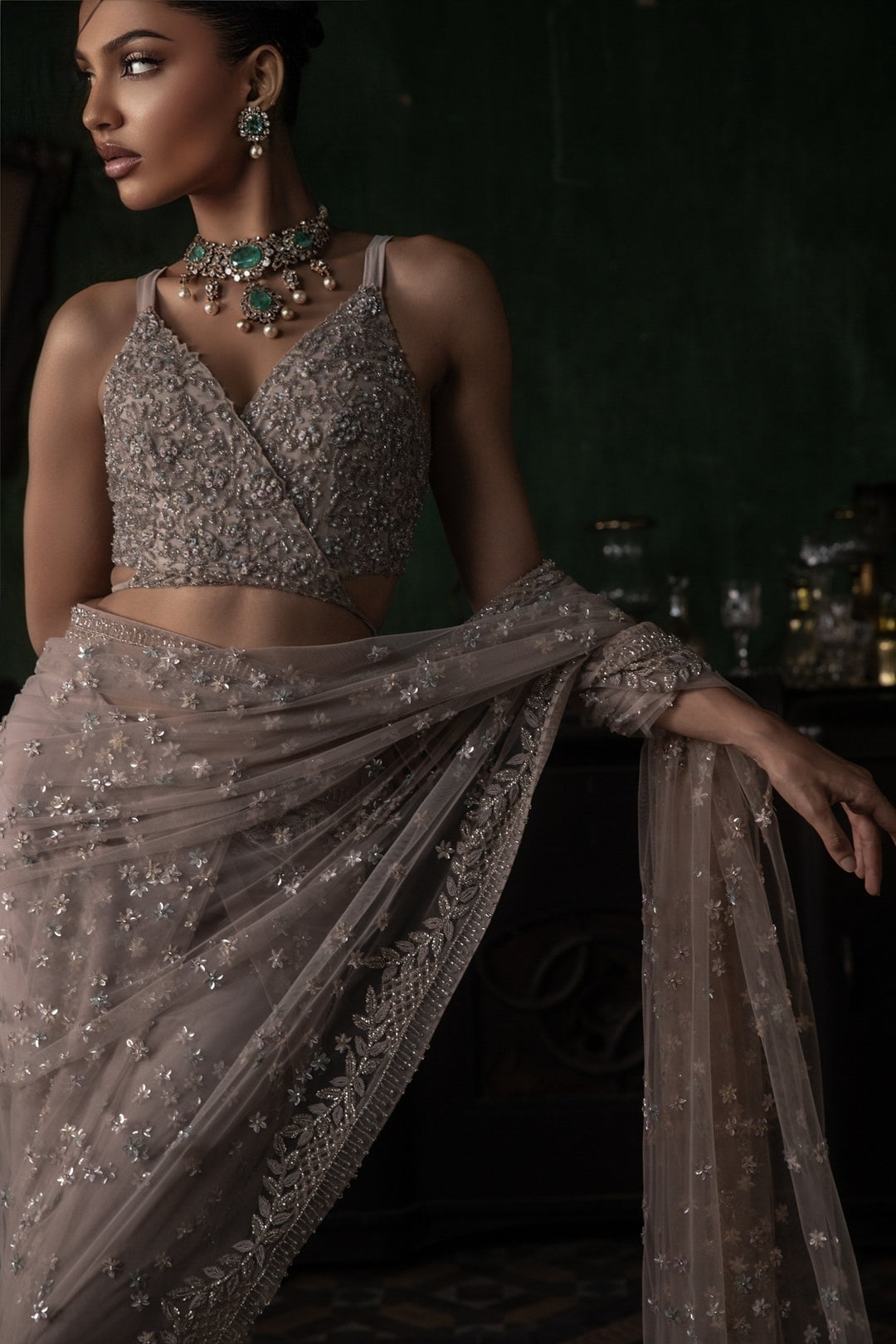 Pale Pink Pre-stitched Tulle Saree With Tie Up Blouse