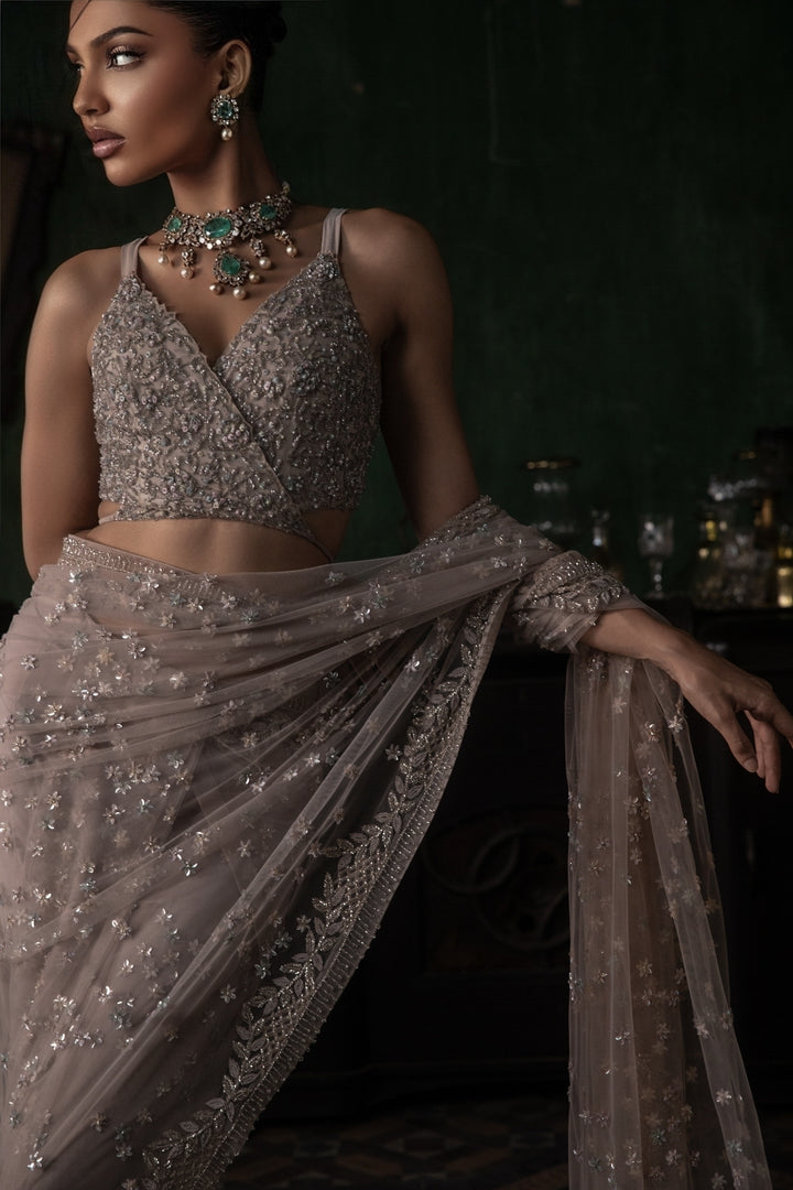 Pale Pink Pre-stitched Tulle Saree With Tie Up Blouse