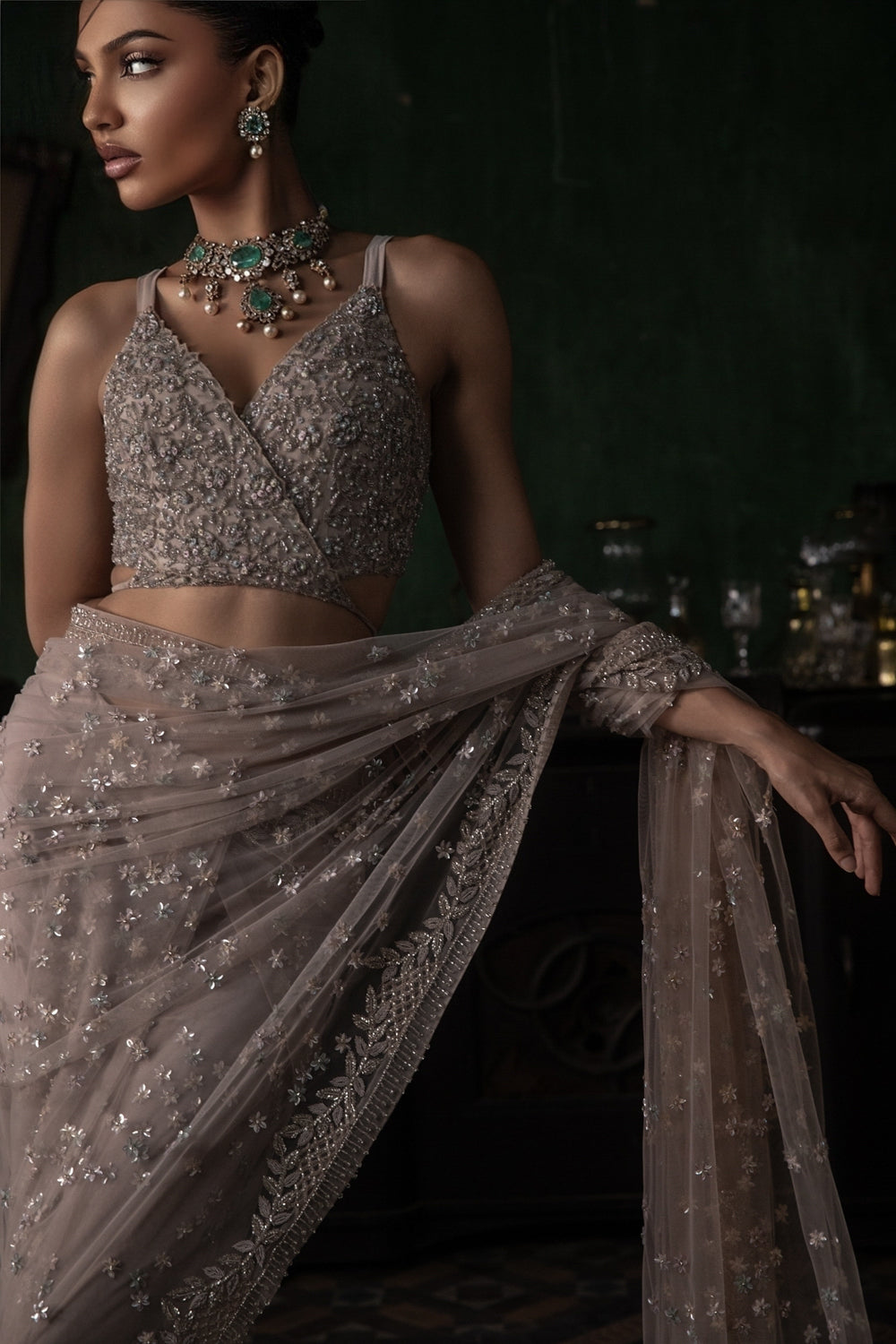 Pale Pink Tulle Saree With Tie Up Blouse (Pre-stitched)