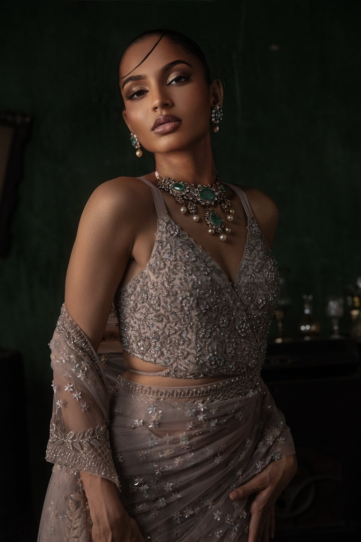 Pale Pink Pre-stitched Tulle Saree With Tie Up Blouse
