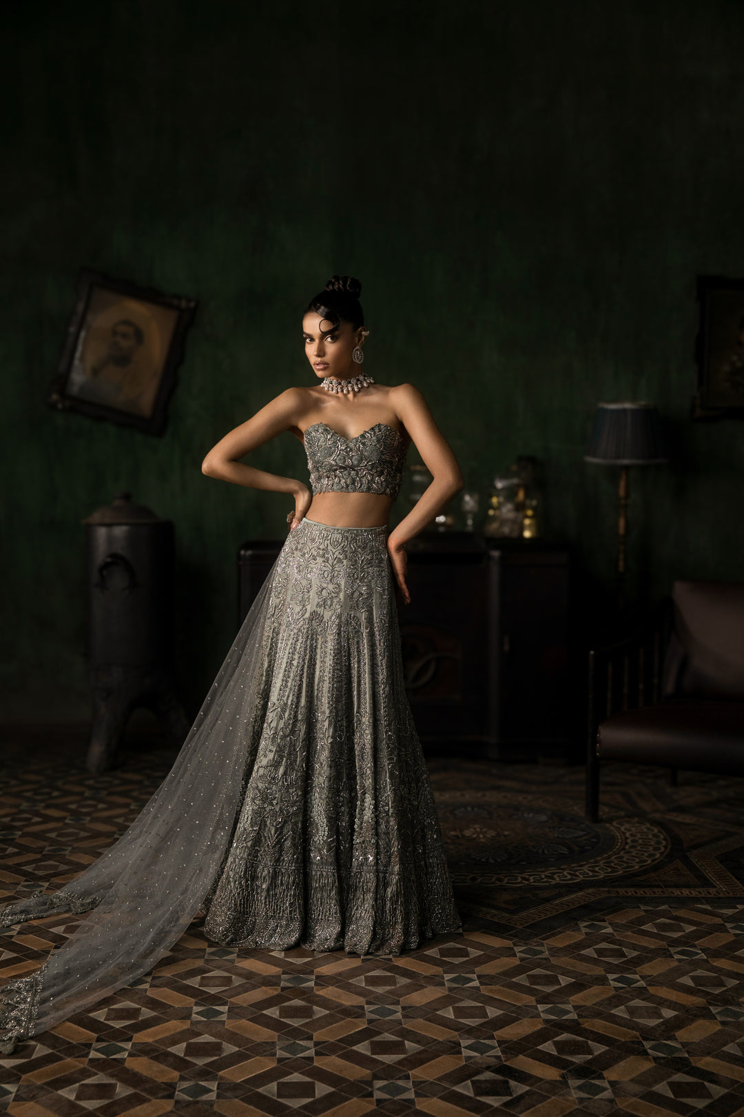 Green Grey Organza Lehenga With Threadwork Blouse And Tulle Dupatta