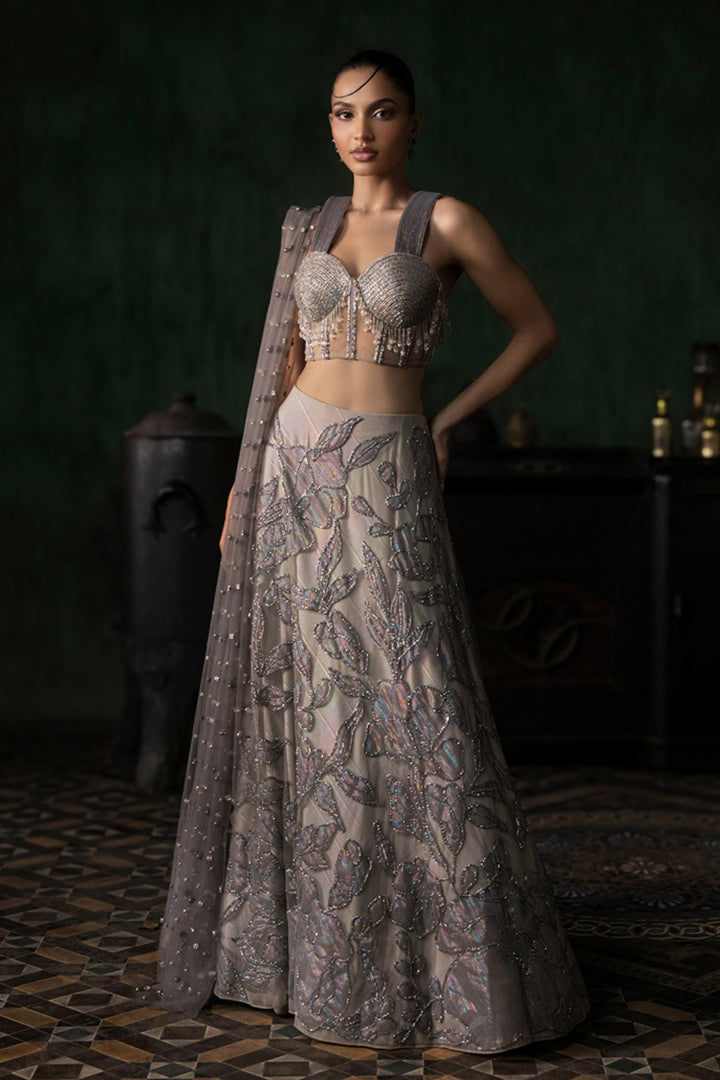 Grey Applique Lehenga With Corset And Armhole Dupatta