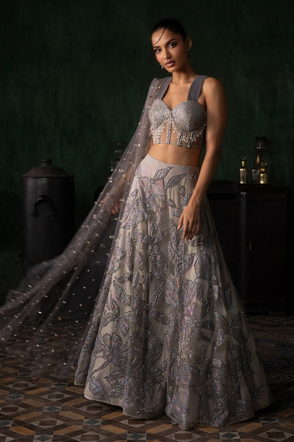 Grey Applique Lehenga With Corset And Armhole Dupatta